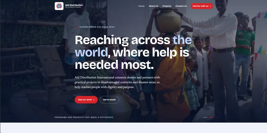 Aid Distribution International website with the headline Reaching across the world, where help is needed most